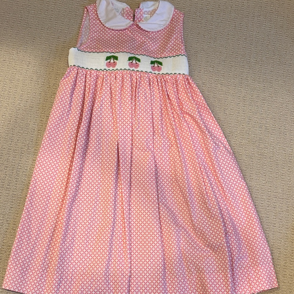 Pink Sleeveless Smocked Dress with Cherry Detail